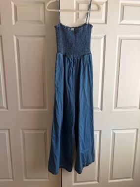 Smocked Denim Wide-Leg Jumpsuit - Blue